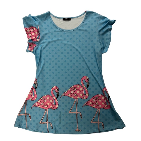 Lily by Firmiana Flamingo Polka Dot Top SZ L Short Sleeve - Picture 1 of 9